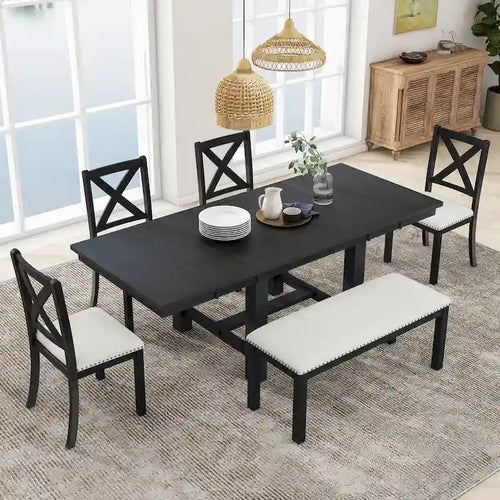 82inch 6-Piece Extendable Dining Table with Footrest, 4 Upholstered Dining Chairs and Dining Bench, Two 11Removable Leaf