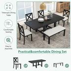 82inch 6-Piece Extendable Dining Table with Footrest, 4 Upholstered Dining Chairs and Dining Bench, Two 11Removable Leaf