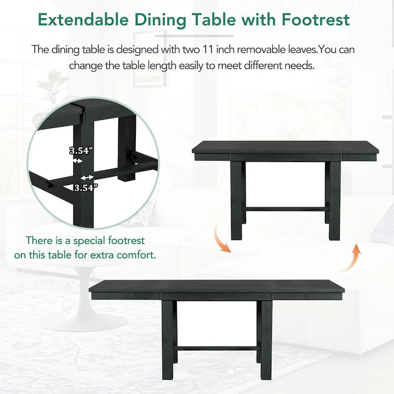 82inch 6-Piece Extendable Dining Table with Footrest, 4 Upholstered Dining Chairs and Dining Bench, Two 11Removable Leaf
