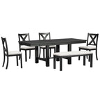 82inch 6-Piece Extendable Dining Table with Footrest, 4 Upholstered Dining Chairs and Dining Bench, Two 11Removable Leaf