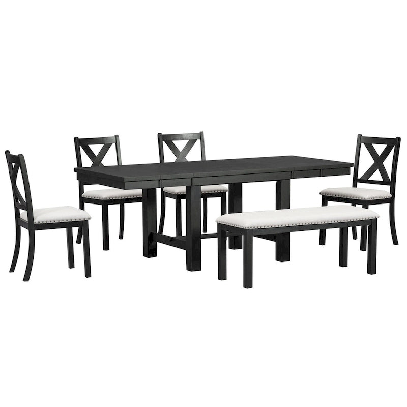 82inch 6-Piece Extendable Dining Table with Footrest, 4 Upholstered Dining Chairs and Dining Bench, Two 11Removable Leaf