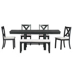 82inch 6-Piece Extendable Dining Table with Footrest, 4 Upholstered Dining Chairs and Dining Bench, Two 11Removable Leaf