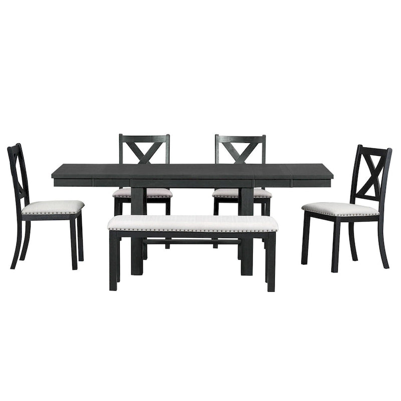 82inch 6-Piece Extendable Dining Table with Footrest, 4 Upholstered Dining Chairs and Dining Bench, Two 11Removable Leaf