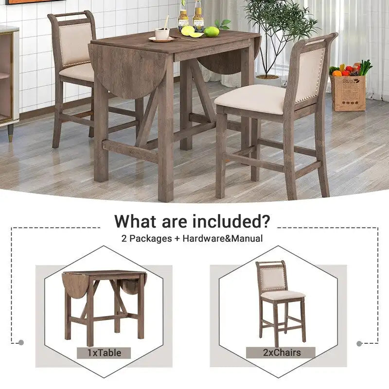 3-Piece Wood Counter Height Drop Leaf Dining Table Set with 2 Upholstered Dining Chairs for Small Place