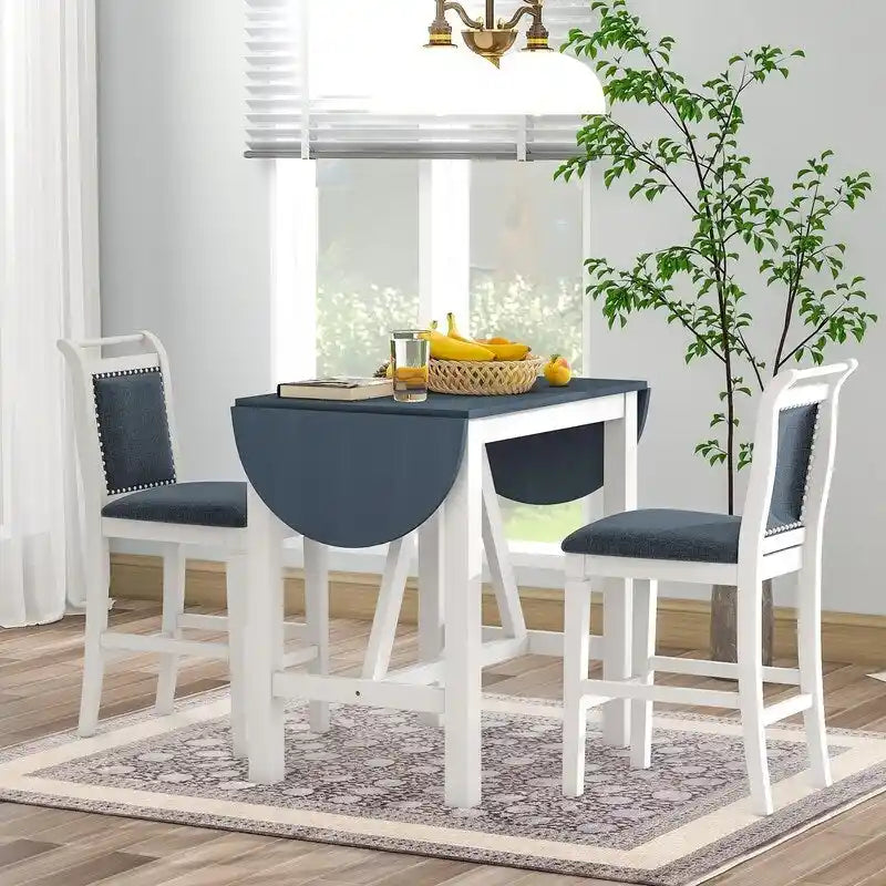 3-Piece Wood Counter Height Drop Leaf Dining Table Set with 2 Upholstered Dining Chairs for Small Place