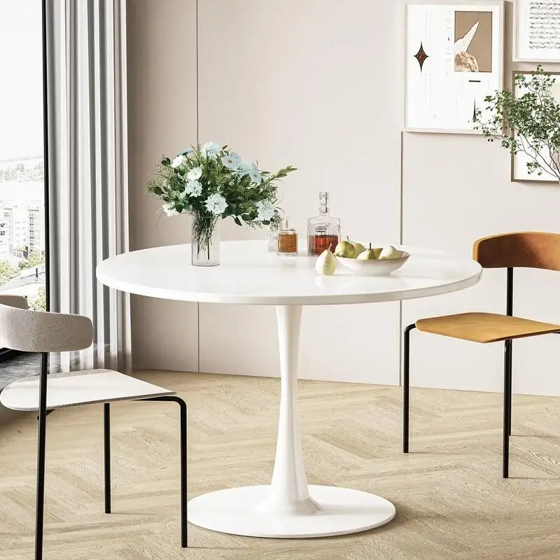 Grondin Mid-Century Modern Round Kitchen or Dining Table with Premium MDF Top and Steel Pedestal Base for Dining Room