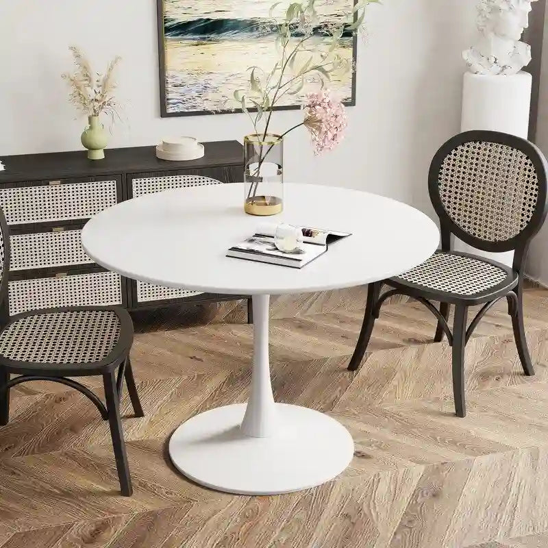 Grondin Mid-Century Modern Round Kitchen or Dining Table with Premium MDF Top and Steel Pedestal Base for Dining Room