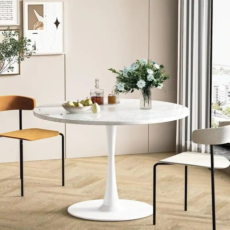 Grondin Mid-Century Modern Round Kitchen or Dining Table with Premium MDF Top and Steel Pedestal Base for Dining Room