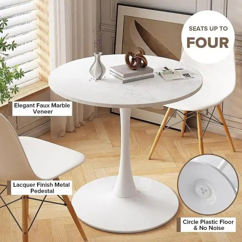 Grondin Mid-Century Modern Round Kitchen or Dining Table with Premium MDF Top and Steel Pedestal Base for Dining Room