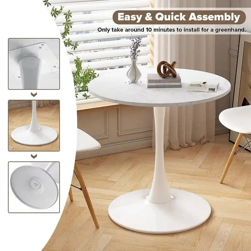 Grondin Mid-Century Modern Round Kitchen or Dining Table with Premium MDF Top and Steel Pedestal Base for Dining Room