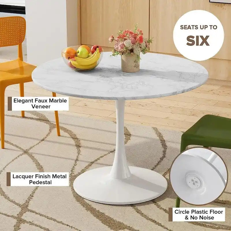 Grondin Mid-Century Modern Round Kitchen or Dining Table with Premium MDF Top and Steel Pedestal Base for Dining Room