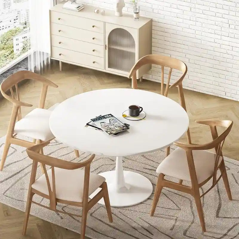 Grondin Mid-Century Modern Round Kitchen or Dining Table with Premium MDF Top and Steel Pedestal Base for Dining Room