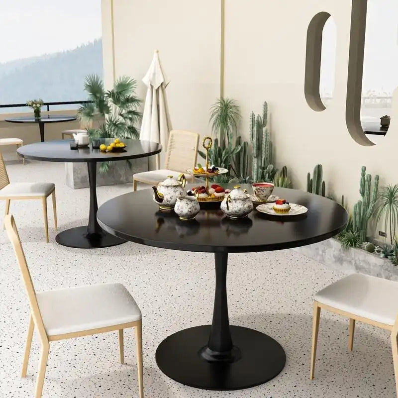 Grondin Mid-Century Modern Round Kitchen or Dining Table with Premium MDF Top and Steel Pedestal Base for Dining Room
