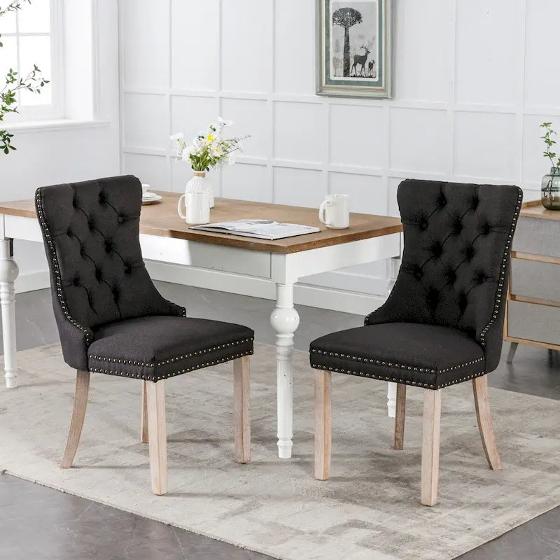 Set of 2 Linen Or Velvet Upholstered Dining Chairs with Nailhead Trim and Wooden Legs