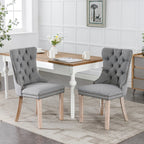 Set of 2 Linen Or Velvet Upholstered Dining Chairs with Nailhead Trim and Wooden Legs