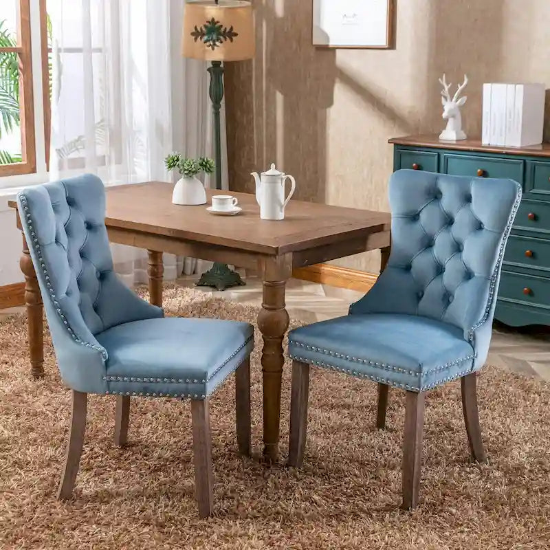 Set of 2 Linen Or Velvet Upholstered Dining Chairs with Nailhead Trim and Wooden Legs