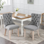 Set of 2 Linen Or Velvet Upholstered Dining Chairs with Nailhead Trim and Wooden Legs
