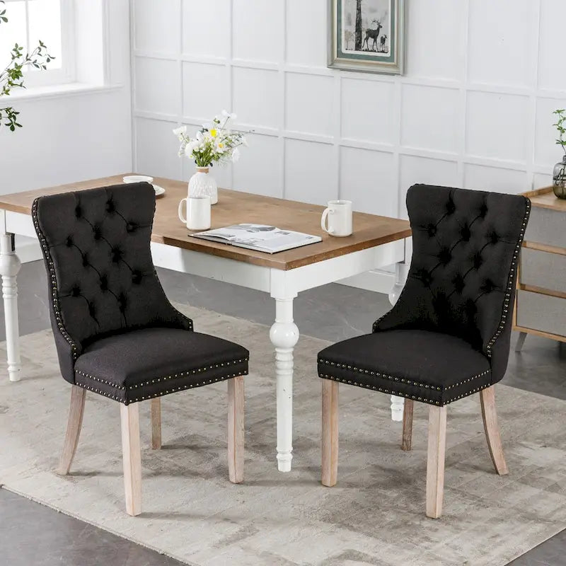 Set of 2 Linen Or Velvet Upholstered Dining Chairs with Nailhead Trim and Wooden Legs