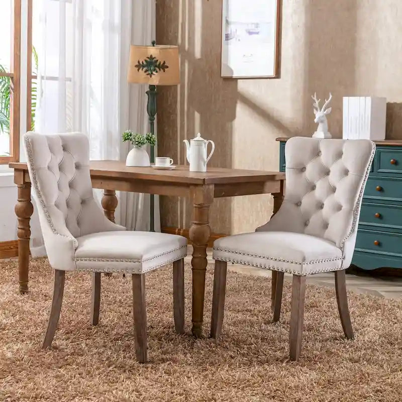 Set of 2 Linen Or Velvet Upholstered Dining Chairs with Nailhead Trim and Wooden Legs