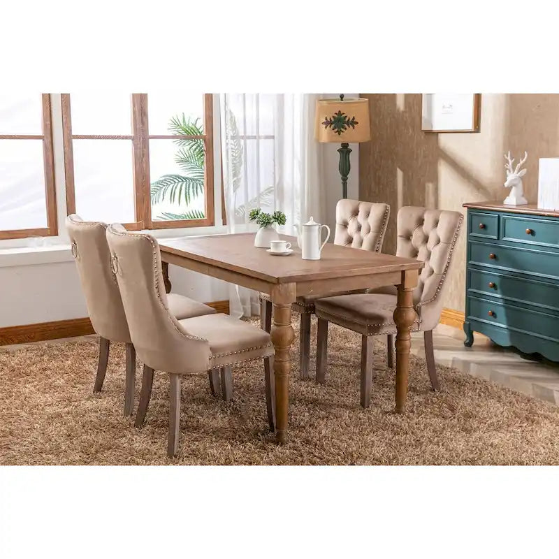 Set of 2 Linen Or Velvet Upholstered Dining Chairs with Nailhead Trim and Wooden Legs