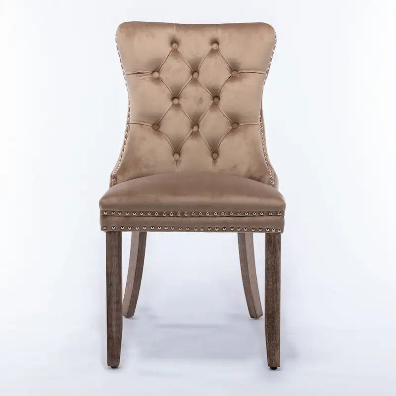 Set of 2 Linen Or Velvet Upholstered Dining Chairs with Nailhead Trim and Wooden Legs