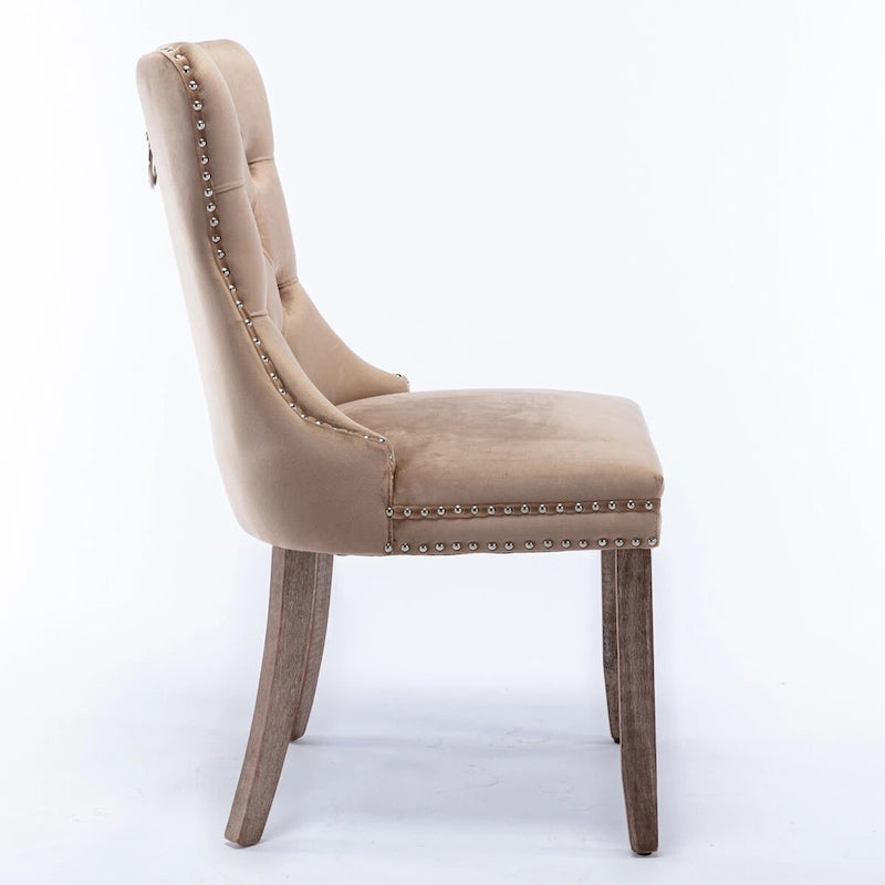 Set of 2 Linen Or Velvet Upholstered Dining Chairs with Nailhead Trim and Wooden Legs
