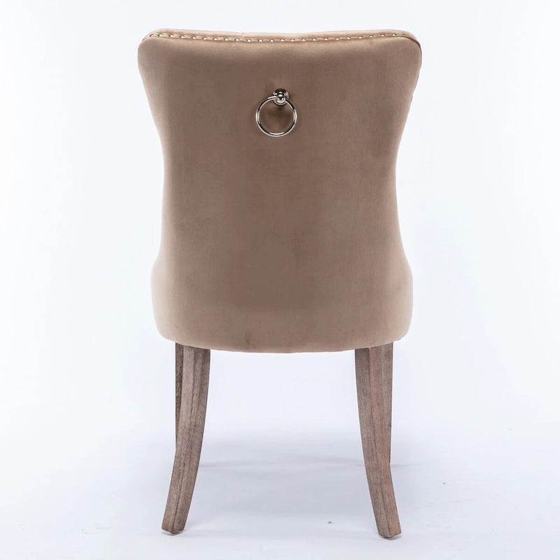 Set of 2 Linen Or Velvet Upholstered Dining Chairs with Nailhead Trim and Wooden Legs
