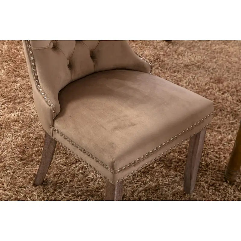 Set of 2 Linen Or Velvet Upholstered Dining Chairs with Nailhead Trim and Wooden Legs