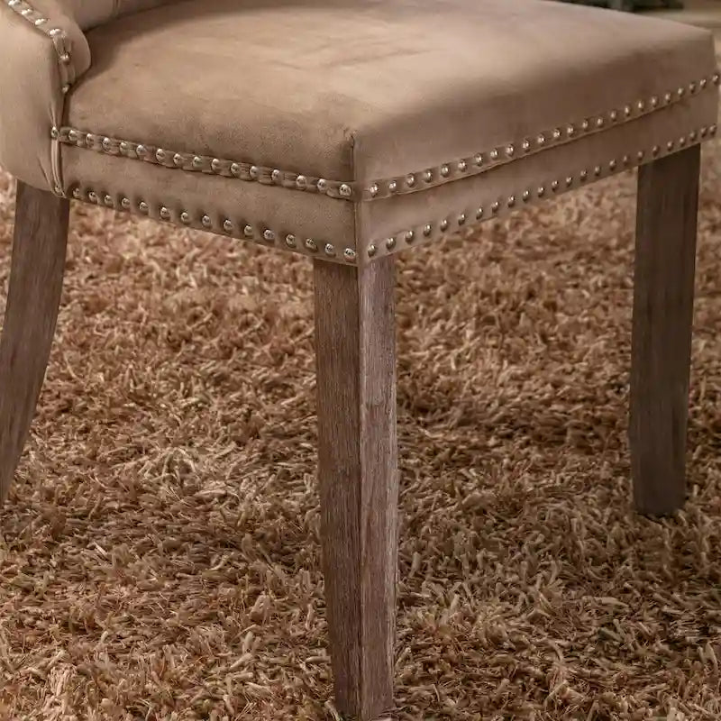 Set of 2 Linen Or Velvet Upholstered Dining Chairs with Nailhead Trim and Wooden Legs