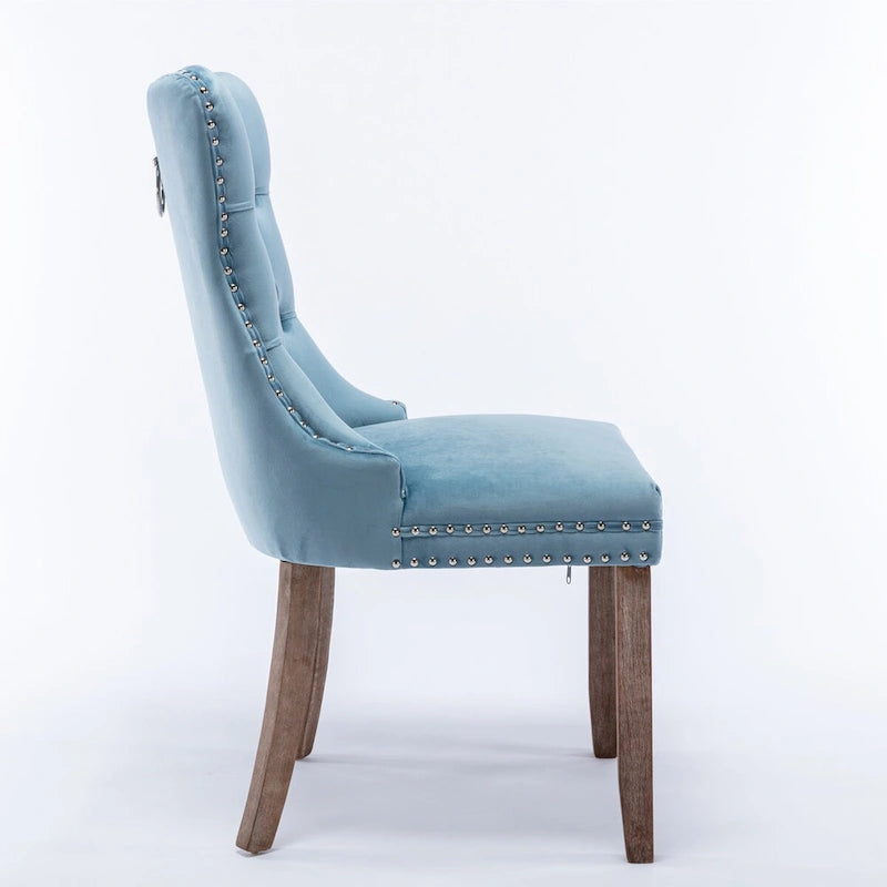 Set of 2 Linen Or Velvet Upholstered Dining Chairs with Nailhead Trim and Wooden Legs