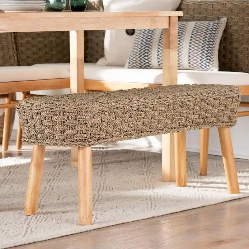 Denver Modern Bohemian Natural Seagrass and Acacia Wood Accent Bench
