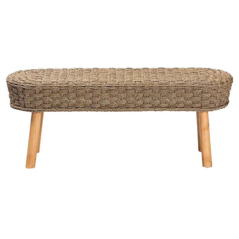 Denver Modern Bohemian Natural Seagrass and Acacia Wood Accent Bench
