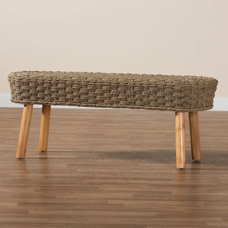 Denver Modern Bohemian Natural Seagrass and Acacia Wood Accent Bench