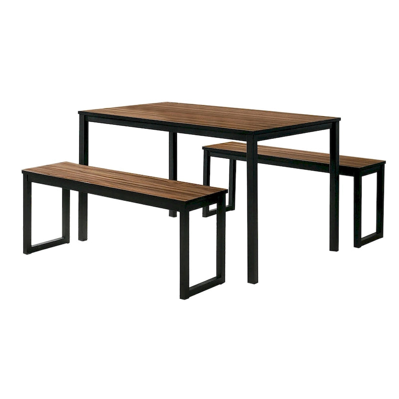 3 Piece Dining Table Set, 2 Benches, Brown Wood Grain Top, Black Metal