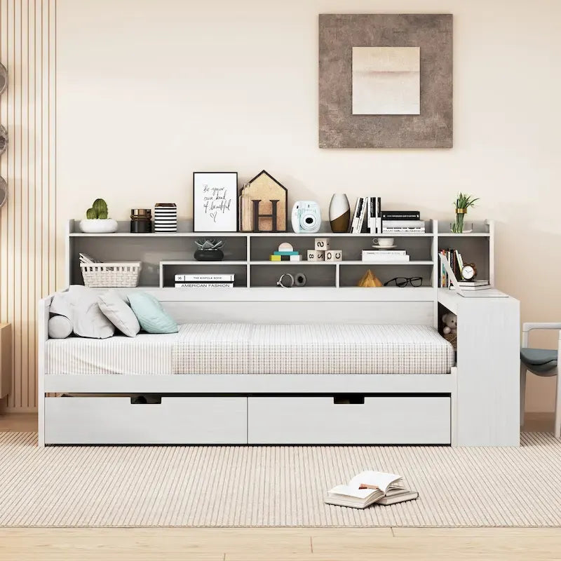 Wooden Twin Size Daybed with Storage Shelves, Multi-functional Bed with Two Storage Drawers and Study Desk