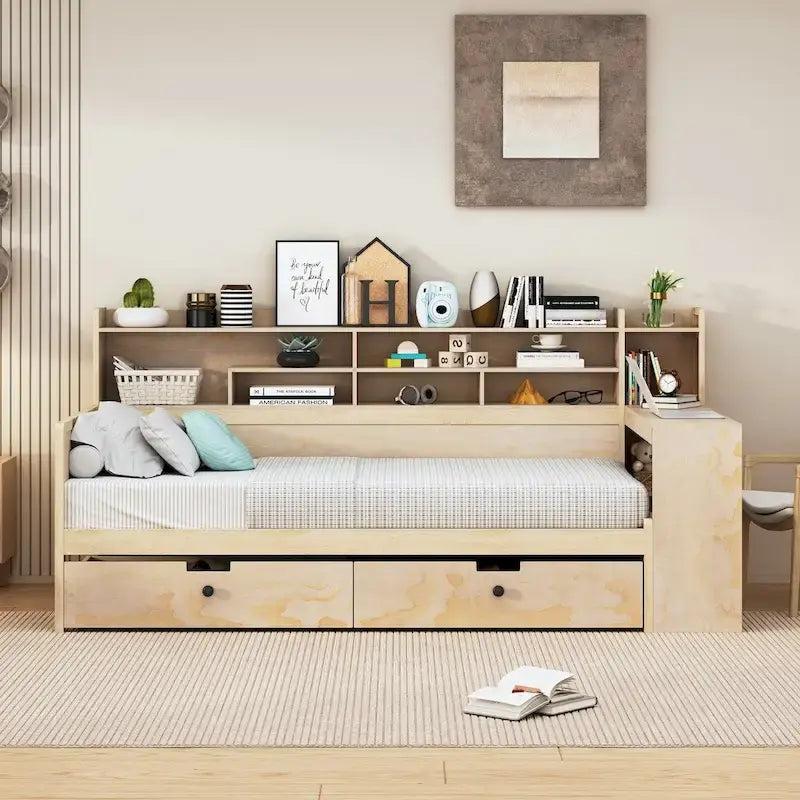 Wooden Twin Size Daybed with Storage Shelves, Multi-functional Bed with Two Storage Drawers and Study Desk