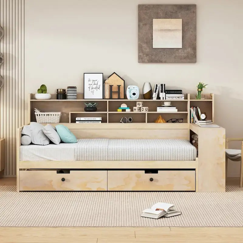 Wooden Twin Size Daybed with Storage Shelves, Multi-functional Bed with Two Storage Drawers and Study Desk