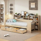 Wooden Twin Size Daybed with Storage Shelves, Multi-functional Bed with Two Storage Drawers and Study Desk