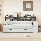Wooden Twin Size Daybed with Storage Shelves, Multi-functional Bed with Two Storage Drawers and Study Desk