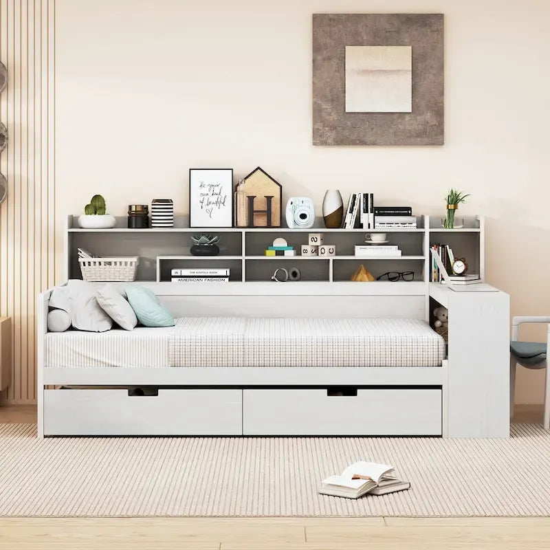 Wooden Twin Size Daybed with Storage Shelves, Multi-functional Bed with Two Storage Drawers and Study Desk