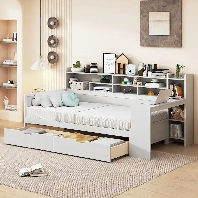 Wooden Twin Size Daybed with Storage Shelves, Multi-functional Bed with Two Storage Drawers and Study Desk