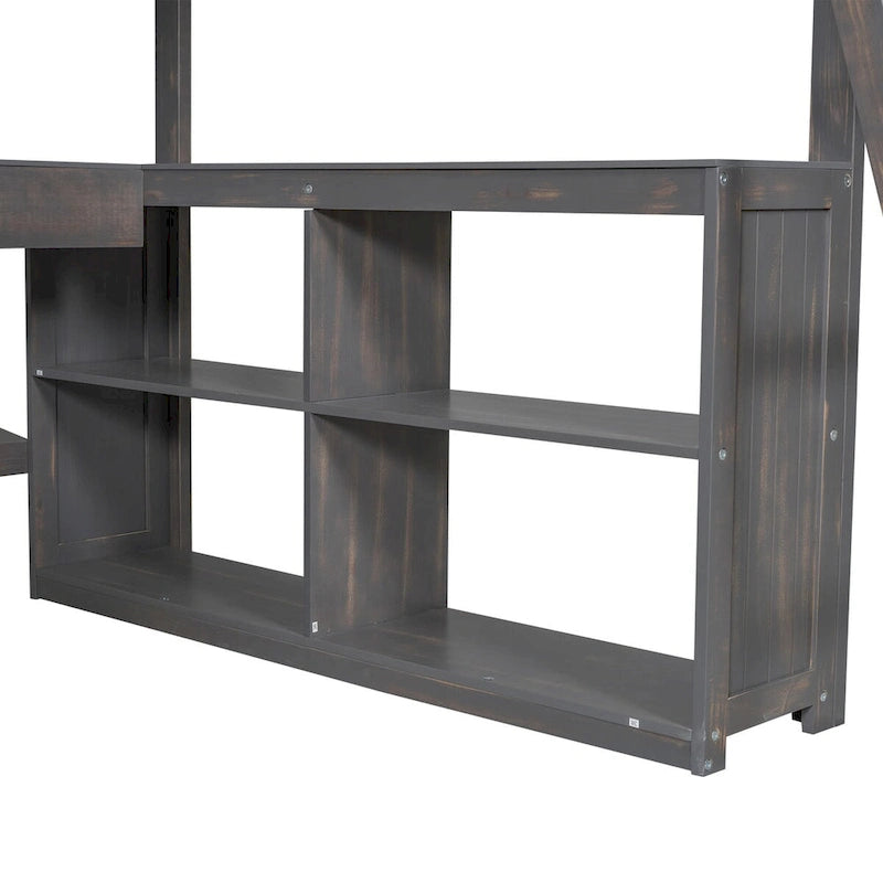 Full Size Loft Bed with U-shaped Desk, Drawers and Storage Shelves