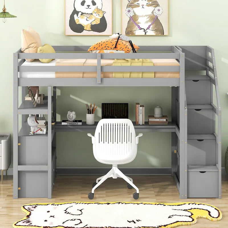 Nestfair Twin Size Loft Bed with Desk and Shelves