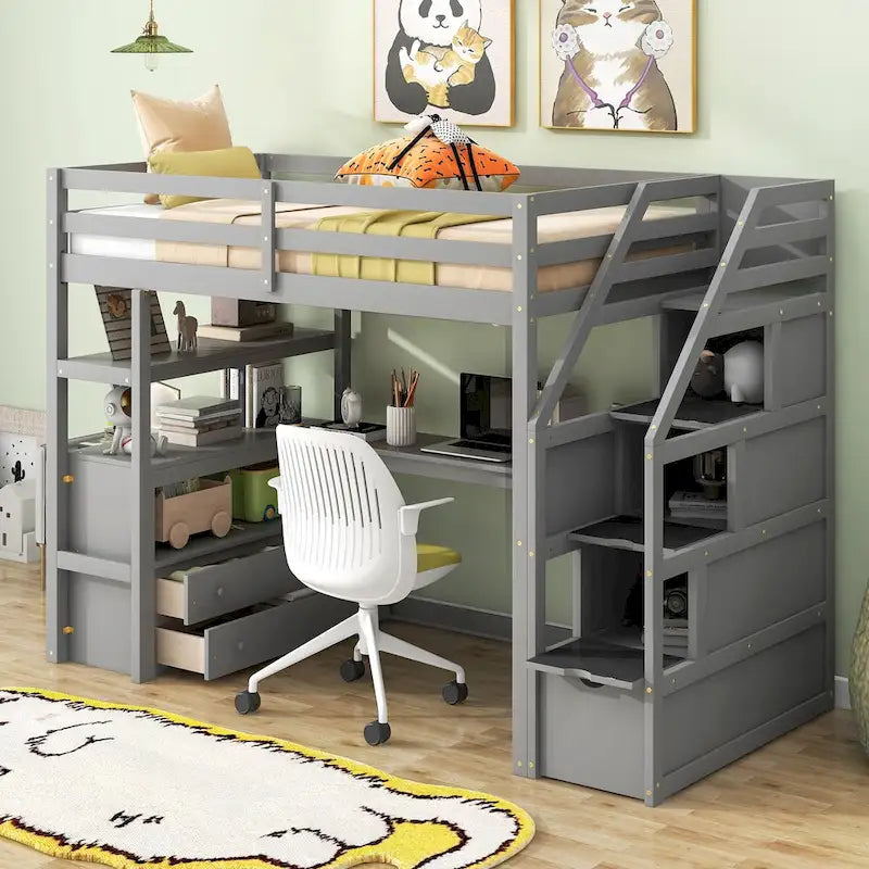 Nestfair Twin Size Loft Bed with Desk and Shelves