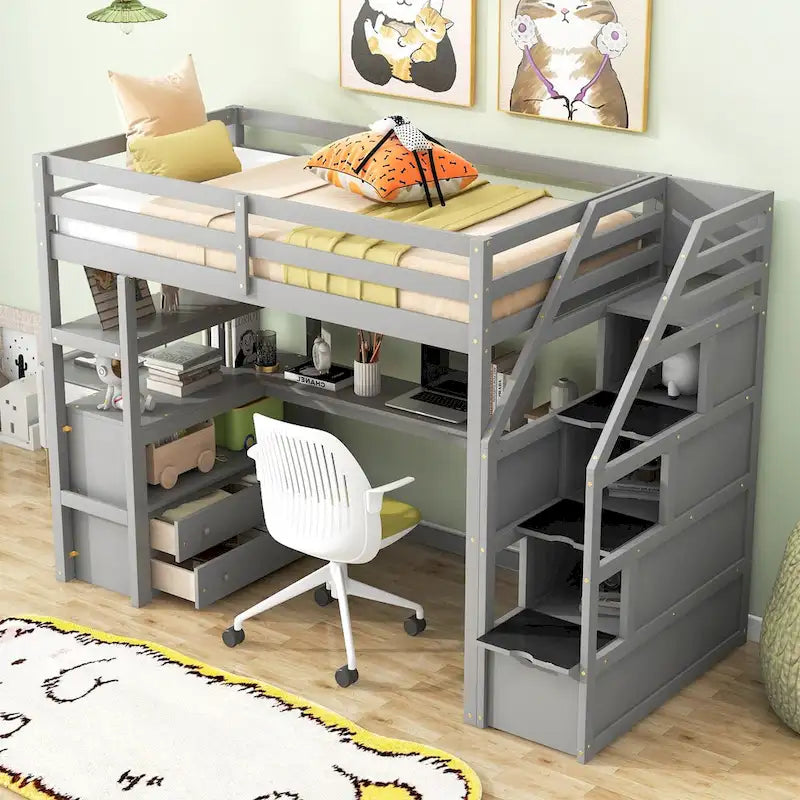 Nestfair Twin Size Loft Bed with Desk and Shelves