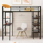 Twin Size Loft Metal Bed with 3 Layers of Shelves and Desk