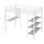 Twin Size Loft Metal Bed with 3 Layers of Shelves and Desk