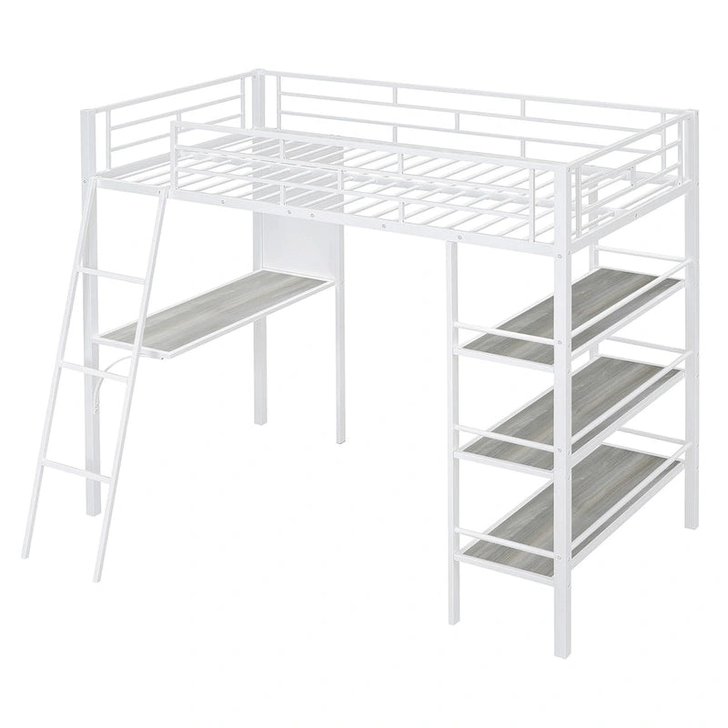 Twin Size Loft Metal Bed with 3 Layers of Shelves and Desk