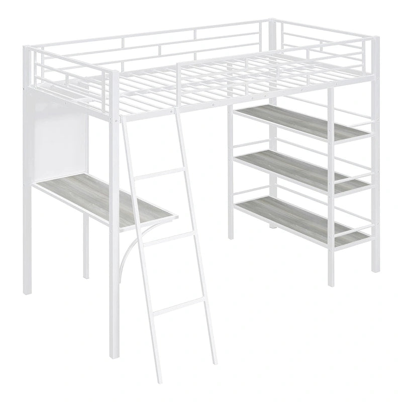 Twin Size Loft Metal Bed with 3 Layers of Shelves and Desk