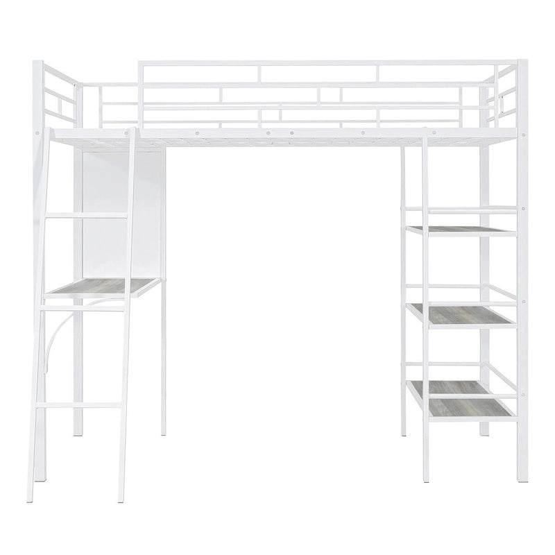 Twin Size Loft Metal Bed with 3 Layers of Shelves and Desk
